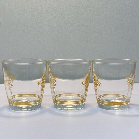 Vintage Hazel Atlas Sour Cream Glasses Yellow Gold Lace 1/2 Pint Set 3 MCM Drink - Picture 2 of 11